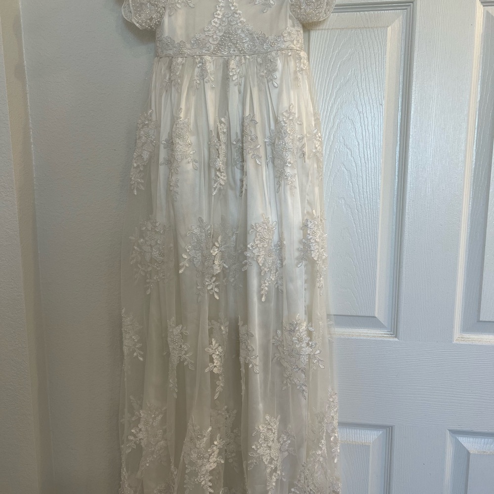 Christening Girls White Lace Floral Embroidered Dress